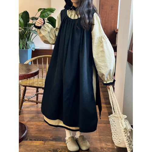 森系法式復古感燈籠袖兩件套連衣裙高腰寬松曡穿打底裙罩衫裙長裙