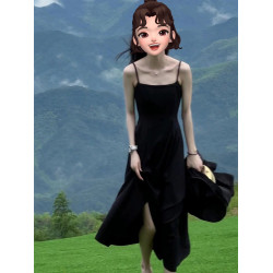 黑色吊帶連衣裙2025新款女夏法式長裙收腰顯瘦長款高級感A字裙子