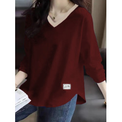 純棉拼色V領長袖T恤女春秋季大碼寬松遮肚顯瘦百搭減齡打底衫上衣