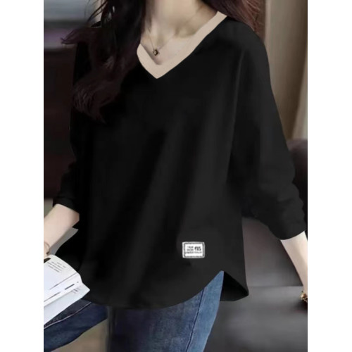 純棉拼色V領長袖T恤女春秋季大碼寬松遮肚顯瘦百搭減齡打底衫上衣