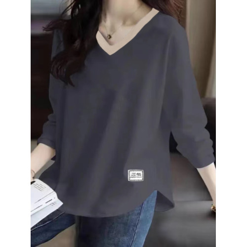 純棉拼色V領長袖T恤女春秋季大碼寬松遮肚顯瘦百搭減齡打底衫上衣