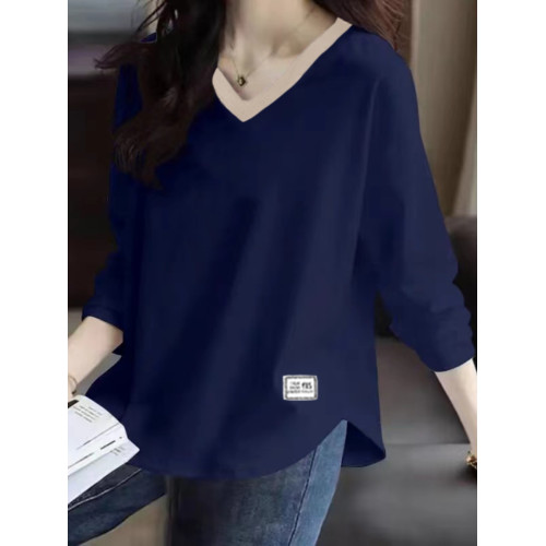 純棉拼色V領長袖T恤女春秋季大碼寬松遮肚顯瘦百搭減齡打底衫上衣
