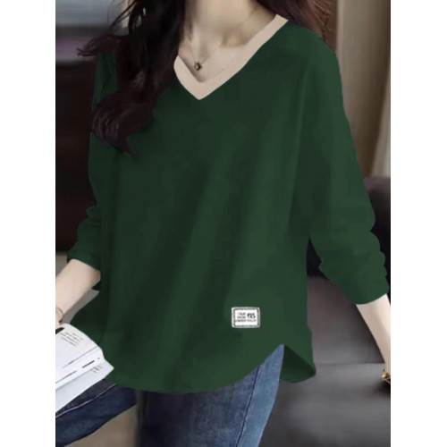純棉拼色V領長袖T恤女春秋季大碼寬松遮肚顯瘦百搭減齡打底衫上衣