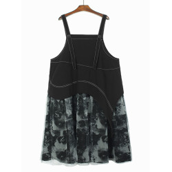 暗黑風假兩件網紗背帶裙子夏裝寬鬆減齡個性小衆中長款a字連衣裙