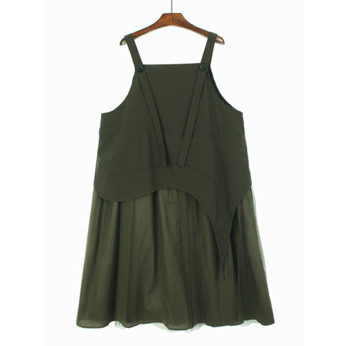 暗黑風假兩件網紗背帶裙子夏裝寬鬆減齡個性小衆中長款a字連衣裙