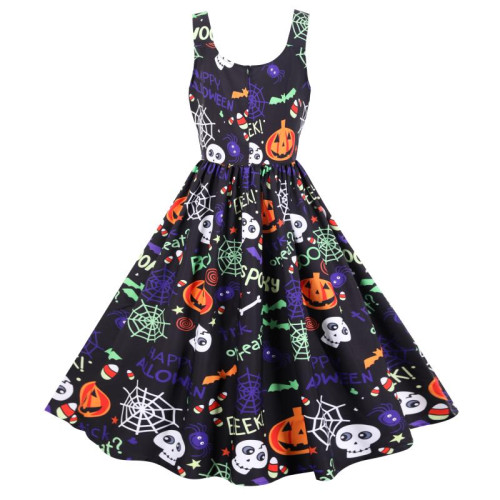 歐洲站萬聖節骷髏頭南瓜印花收腰顯瘦性感背帶無袖連衣裙女
