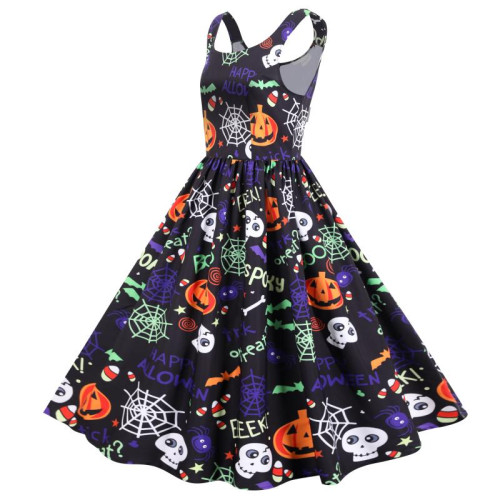 歐洲站萬聖節骷髏頭南瓜印花收腰顯瘦性感背帶無袖連衣裙女