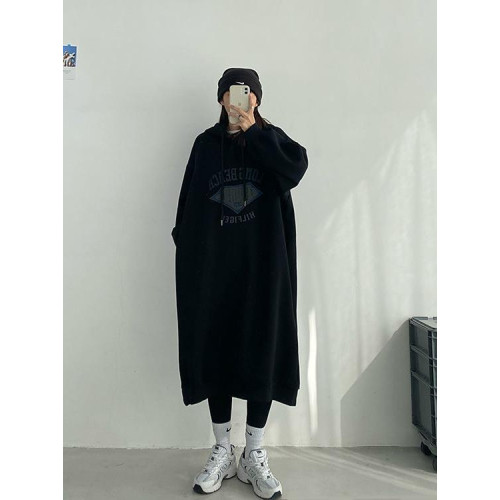 特大碼300斤寬松藏肉顯瘦長款衛衣裙秋冬加絨加厚保暖連帽連衣裙