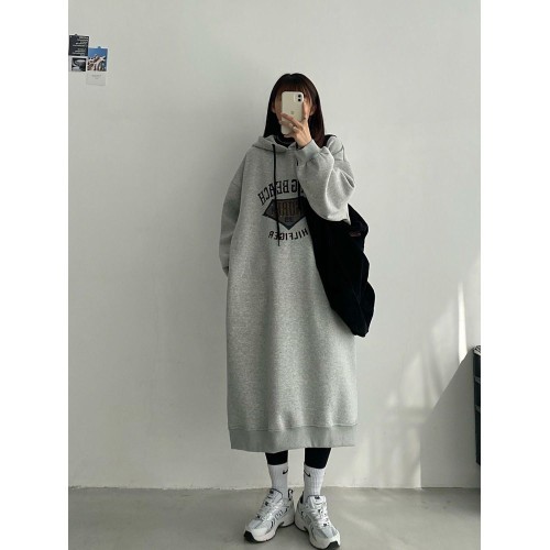 特大碼300斤寬松藏肉顯瘦長款衛衣裙秋冬加絨加厚保暖連帽連衣裙