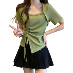 大碼女裝2025年夏季新款顯瘦遮肉方領上衣胖mm不規則正肩短袖t恤