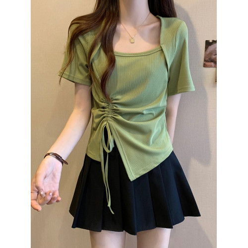 大碼女裝2025年夏季新款顯瘦遮肉方領上衣胖mm不規則正肩短袖t恤