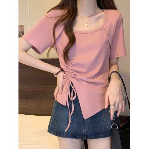 大碼女裝2025年夏季新款顯瘦遮肉方領上衣胖mm不規則正肩短袖t恤