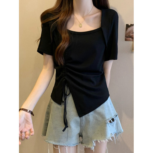 大碼女裝2025年夏季新款顯瘦遮肉方領上衣胖mm不規則正肩短袖t恤