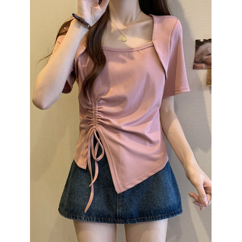 大碼女裝2025年夏季新款顯瘦遮肉方領上衣胖mm不規則正肩短袖t恤