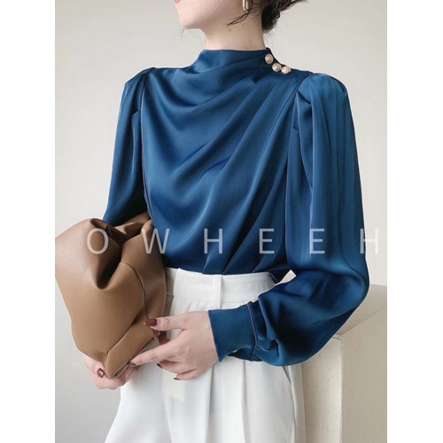 法式白色雪紡襯衫女春秋設計感小衆小個子襯衣垂感醋酸緞面上衣