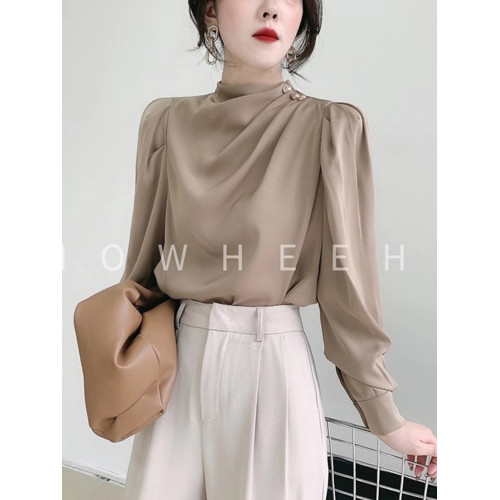 法式白色雪紡襯衫女春秋設計感小衆小個子襯衣垂感醋酸緞面上衣