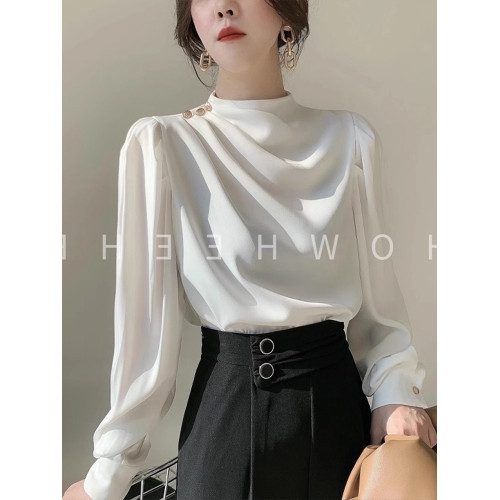 法式白色雪紡襯衫女春秋設計感小衆小個子襯衣垂感醋酸緞面上衣