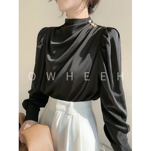 法式白色雪紡襯衫女春秋設計感小衆小個子襯衣垂感醋酸緞面上衣