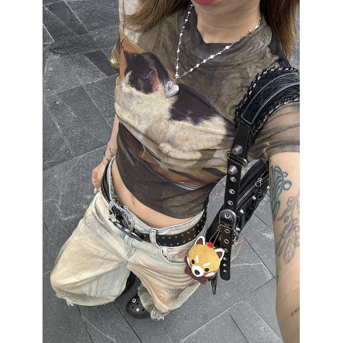 美式復古辣妹小貓正肩短袖t恤女夏季短款獨特別致小衆設計感上衣 美式復古辣妹小貓正肩短袖t恤女夏季短款獨特別致小衆設計感上衣