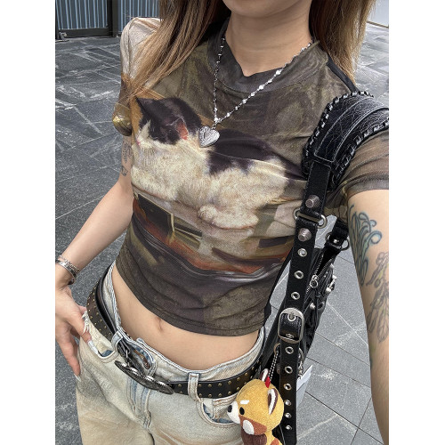 美式復古辣妹小貓正肩短袖t恤女夏季短款獨特別致小衆設計感上衣 美式復古辣妹小貓正肩短袖t恤女夏季短款獨特別致小衆設計感上衣