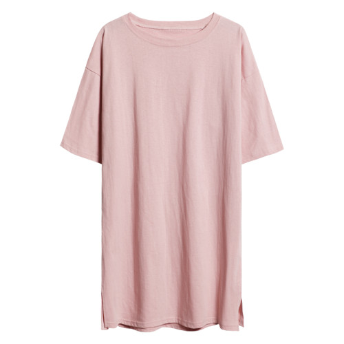 歐貨短袖T恤女夏季2025新款大版寬松純棉開叉中長款粉色半袖上衣