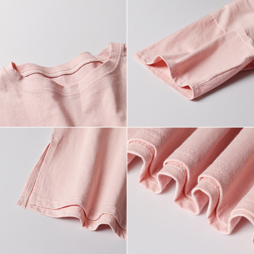 歐貨短袖T恤女夏季2025新款大版寬松純棉開叉中長款粉色半袖上衣