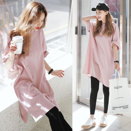 歐貨短袖T恤女夏季2025新款大版寬松純棉開叉中長款粉色半袖上衣