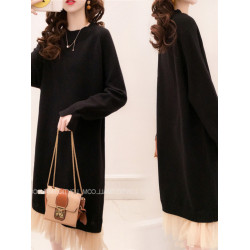 黑色過膝毛衣裙女中長款秋冬款加厚打底蕾絲拼接假兩件針織連衣裙