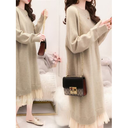 黑色過膝毛衣裙女中長款秋冬款加厚打底蕾絲拼接假兩件針織連衣裙