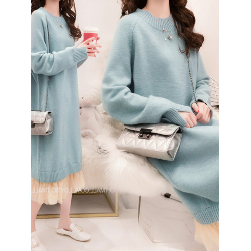 黑色過膝毛衣裙女中長款秋冬款加厚打底蕾絲拼接假兩件針織連衣裙