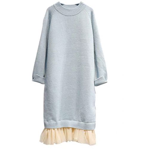 黑色過膝毛衣裙女中長款秋冬款加厚打底蕾絲拼接假兩件針織連衣裙