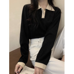 黑色打底衫女春秋款外穿長袖針織衫小個子內搭正肩t恤polo領上衣