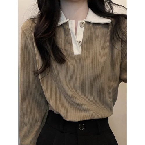 黑色打底衫女春秋款外穿長袖針織衫小個子內搭正肩t恤polo領上衣