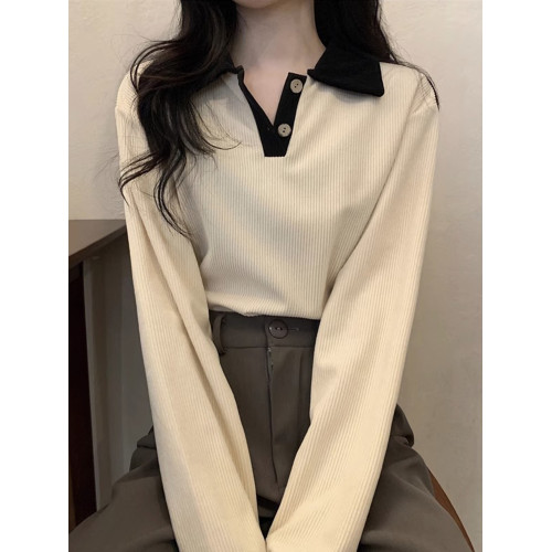 黑色打底衫女春秋款外穿長袖針織衫小個子內搭正肩t恤polo領上衣