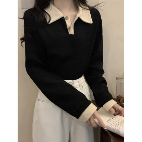 黑色打底衫女春秋款外穿長袖針織衫小個子內搭正肩t恤polo領上衣