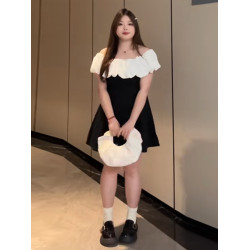 大碼修身性感生日小禮服裙夏季胖mm千金風荷葉領一字肩連衣裙顯瘦