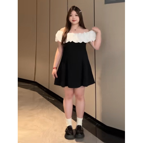 大碼修身性感生日小禮服裙夏季胖mm千金風荷葉領一字肩連衣裙顯瘦