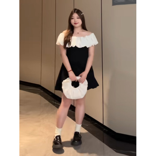 大碼修身性感生日小禮服裙夏季胖mm千金風荷葉領一字肩連衣裙顯瘦