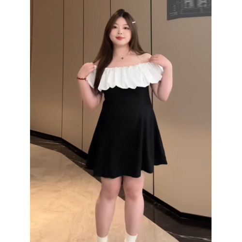 大碼修身性感生日小禮服裙夏季胖mm千金風荷葉領一字肩連衣裙顯瘦