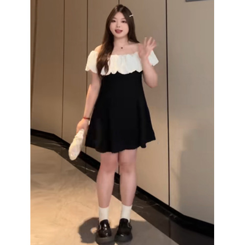 大碼修身性感生日小禮服裙夏季胖mm千金風荷葉領一字肩連衣裙顯瘦