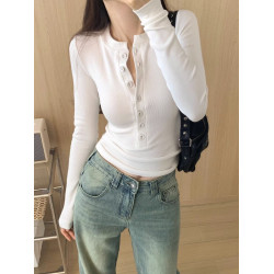 白色長袖V領設計感紐釦螺紋上衣春秋修身半開領辣妹ins打底衫T恤
