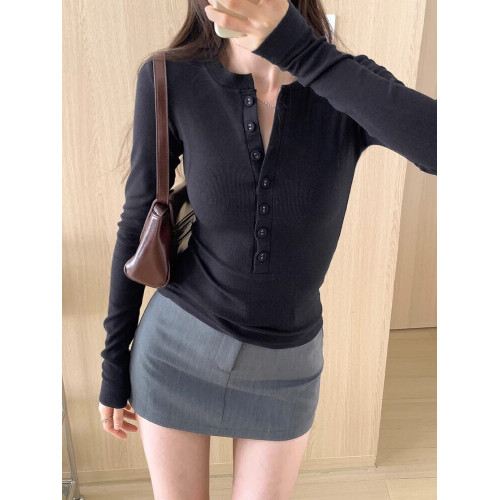 白色長袖V領設計感紐釦螺紋上衣春秋修身半開領辣妹ins打底衫T恤 白色長袖V領設計感紐釦螺紋上衣春秋修身半開領辣妹ins打底衫T恤