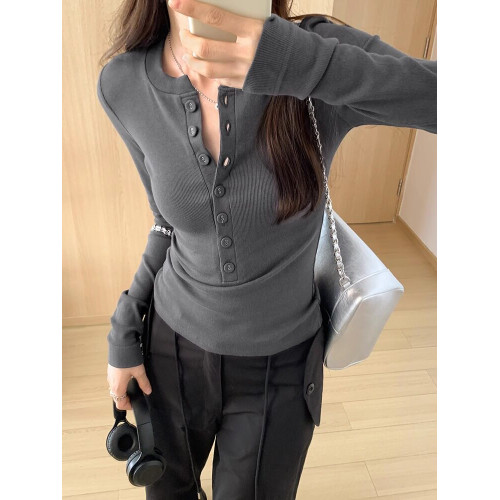 白色長袖V領設計感紐釦螺紋上衣春秋修身半開領辣妹ins打底衫T恤 白色長袖V領設計感紐釦螺紋上衣春秋修身半開領辣妹ins打底衫T恤