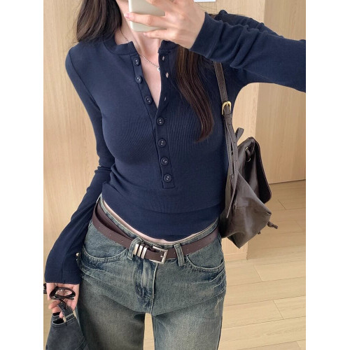 白色長袖V領設計感紐釦螺紋上衣春秋修身半開領辣妹ins打底衫T恤 白色長袖V領設計感紐釦螺紋上衣春秋修身半開領辣妹ins打底衫T恤