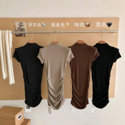 林夏夏溫柔輕熟高領短袖包臀短裙早秋新款韓版修身打底T恤連衣裙