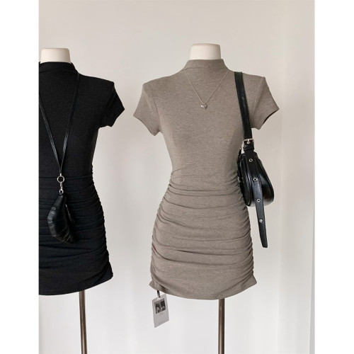 林夏夏溫柔輕熟高領短袖包臀短裙早秋新款韓版修身打底T恤連衣裙