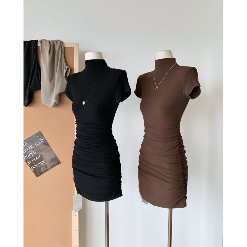 林夏夏溫柔輕熟高領短袖包臀短裙早秋新款韓版修身打底T恤連衣裙