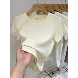 歐貨圓領正肩短袖t恤女夏季2025新款顯瘦杏色短款上衣半袖體恤潮