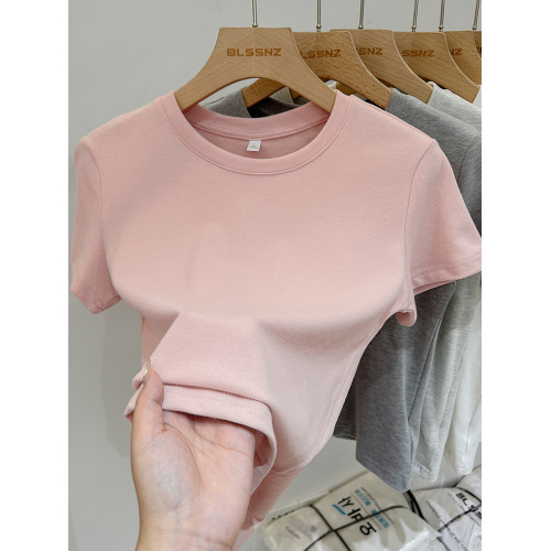 歐貨圓領正肩短袖t恤女夏季2025新款顯瘦杏色短款上衣半袖體恤潮