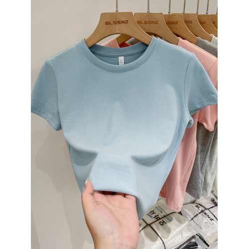 歐貨圓領正肩短袖t恤女夏季2025新款顯瘦杏色短款上衣半袖體恤潮